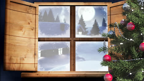 Animation of winter landscape and houses seen through window