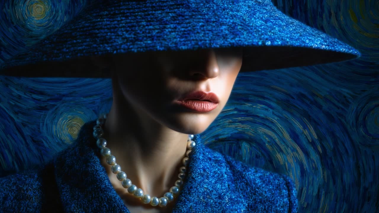 A captivating and enigmatic portrait of a woman adorned in luxurious accessories, featuring a striking blue hat that casts shadows over her face, set against a mesmerizing swirling background reminiscent of classic art
