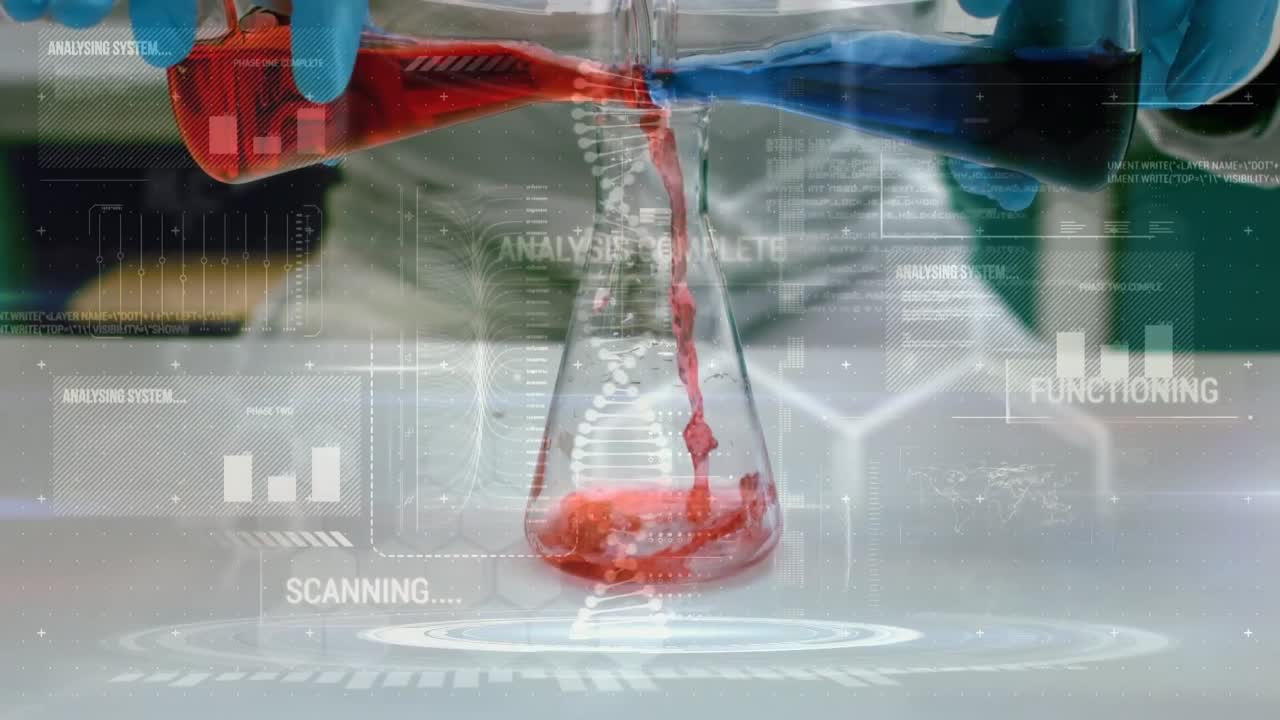animación del procesamiento de datos sobre la sección media del científico que trabaja en el laboratorio