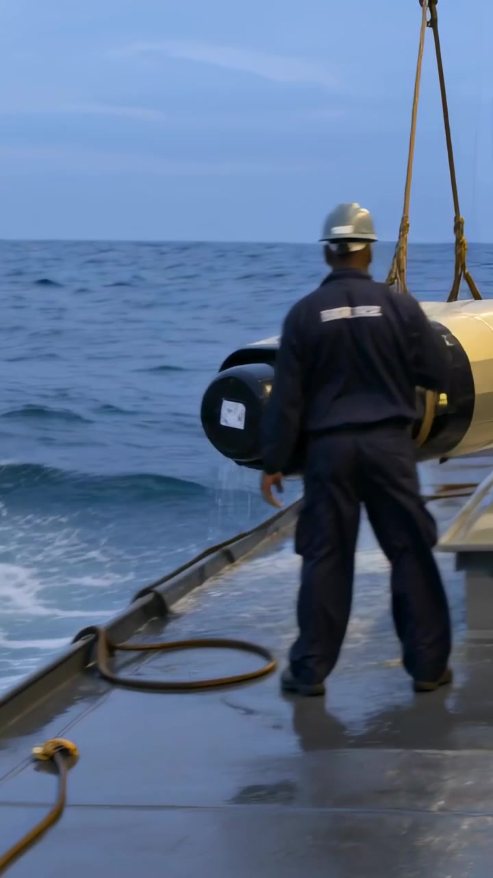 Video vertical: Grúa elevadora izando un torpedo a cubierta, tripulación con equipo naval guiándolo para estibarlo