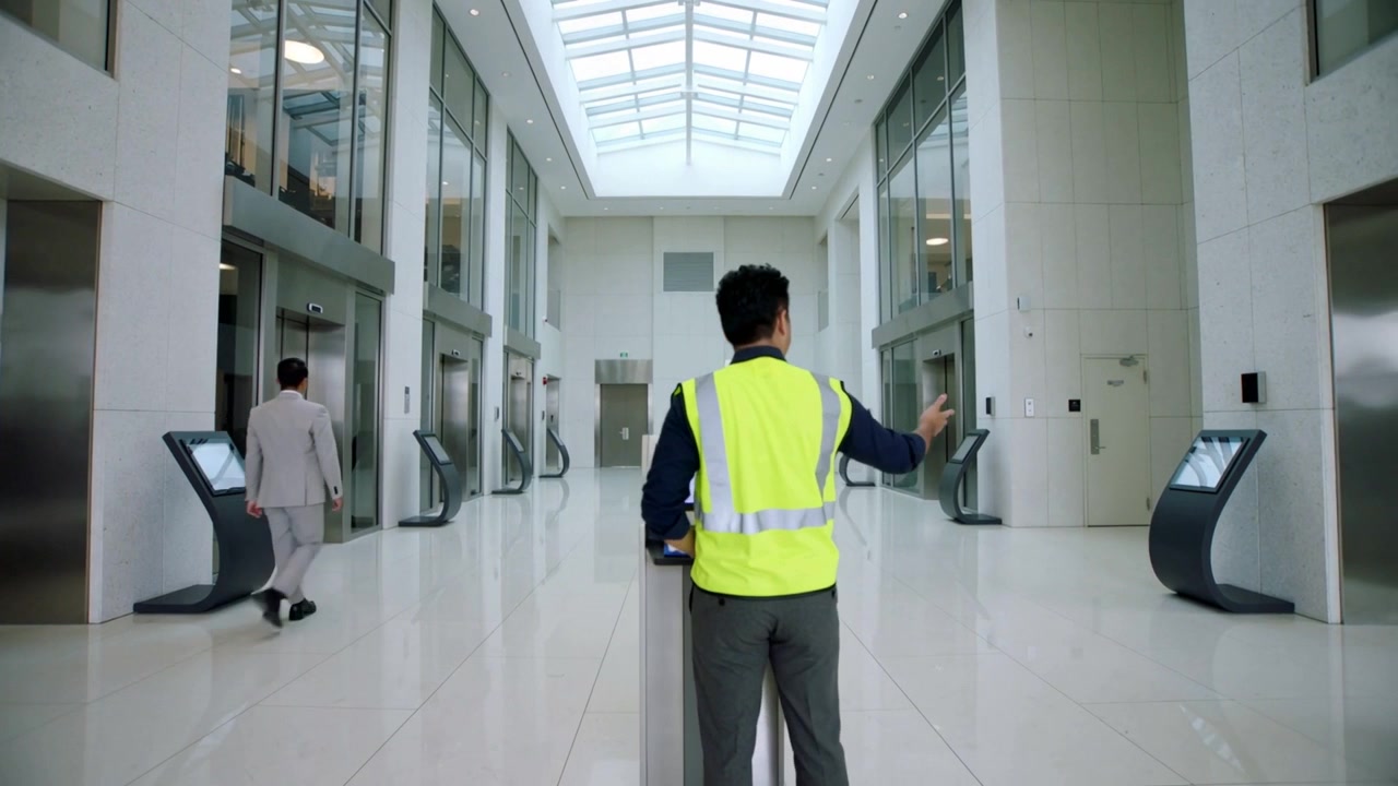 Tecnico con gilet ad alta visibilità che controlla il portatile nella hall, mentre raggiunge il pannello di controllo e un uomo passa davanti agli ascensori.