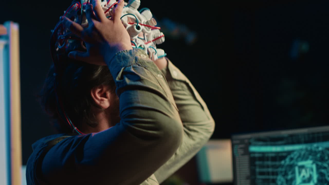 primer plano del equipo neurocientífico utilizado por el hombre que transfiere la conciencia