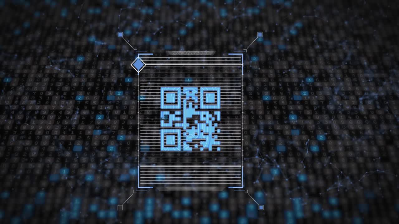 Animation of data processing with qr code over moving columns on black background