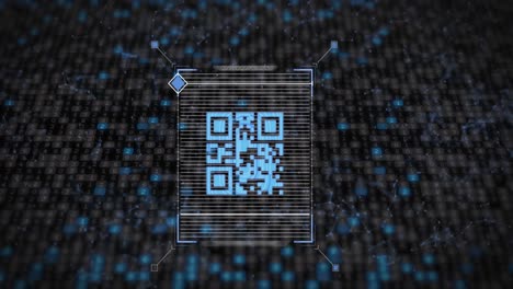 animation of data processing with qr code over moving columns on black background