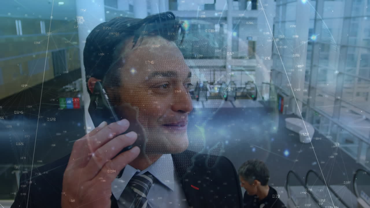 전 세계와 연결망의 애니메이션 두 인종 사업가가 스마트폰으로 이야기합니다.