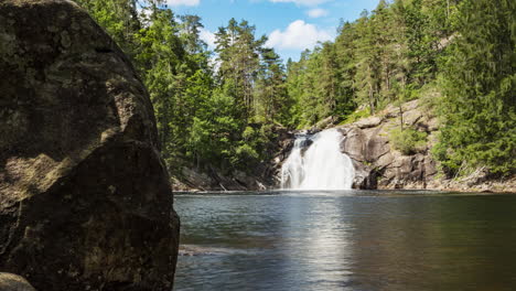 time lapse beautiful waterfall cascades into still pool surrounded by forest