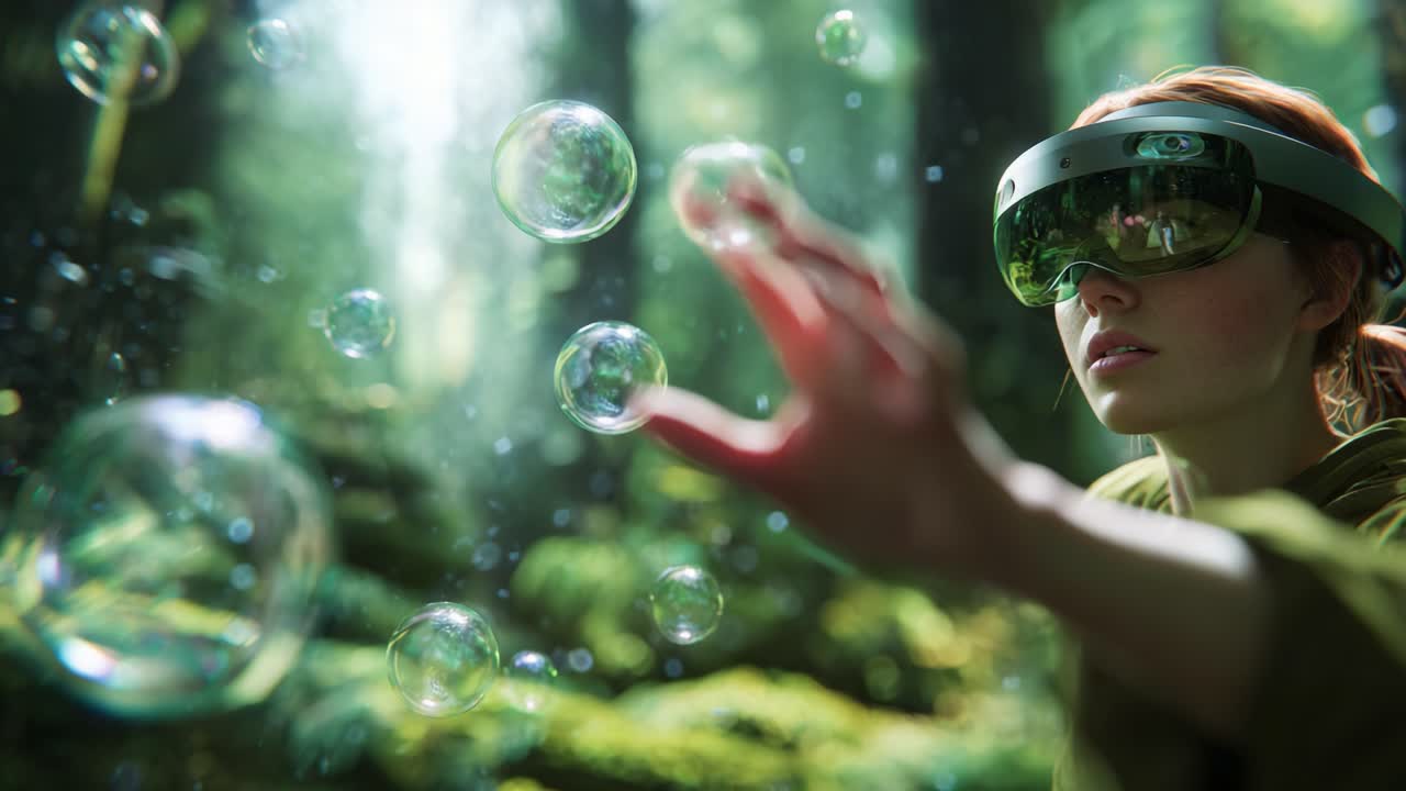 A woman wearing augmented reality glasses explores a serene forest, reaching out to colorful bubbles that float in the air among the lush greenery, creating a magical atmosphere of innovation and nature