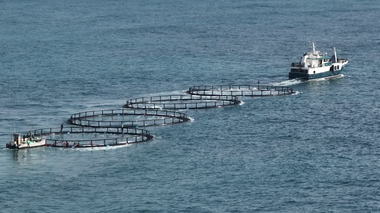 A Mid sized marine vessel tows four fish farms along the west Australian coast.