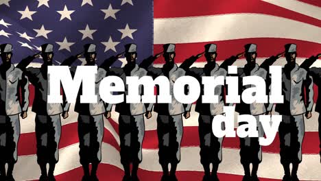 animation of memorial day text over row of male soldiers saluting and american flag