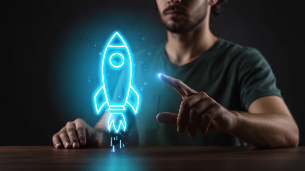A Creative Vision of Innovation: A Man Interacting with a Digital Rocket Illustration, Symbolizing Futuristic Technology and Human Endeavor in Space Exploration