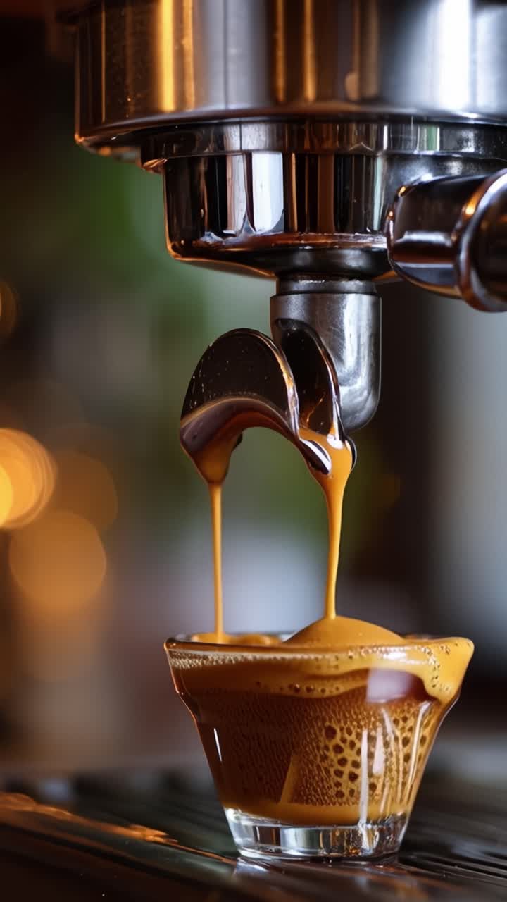 Caffè espresso preparato con maestria che scorre in una tazza di vetro da una macchina da caffè, catturando il colore ricco e l'aroma del caffè appena fatto.