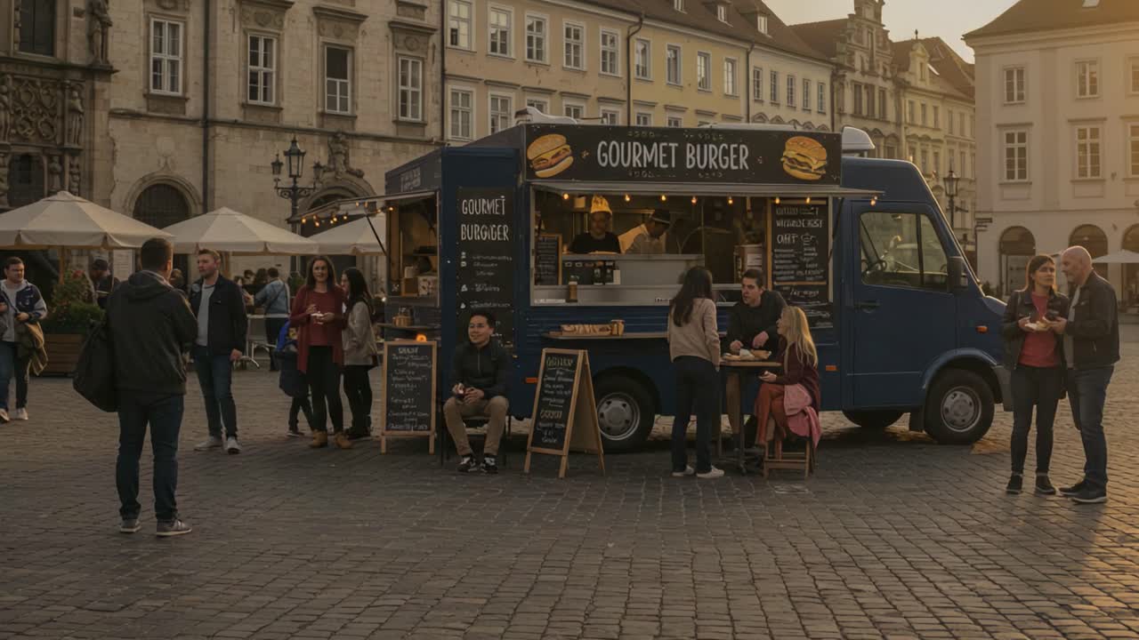 A Bustling Gourmet Burger Food Truck Scene in a Vibrant Public Square, Showcasing Customers Enjoying Delicious Meals and the Lively Atmosphere of a Sunset Evening