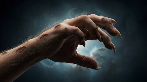 a close-up of a mythical creature's hand emerges from the shadows, showcasing its claws and unique skin texture against a celestial background