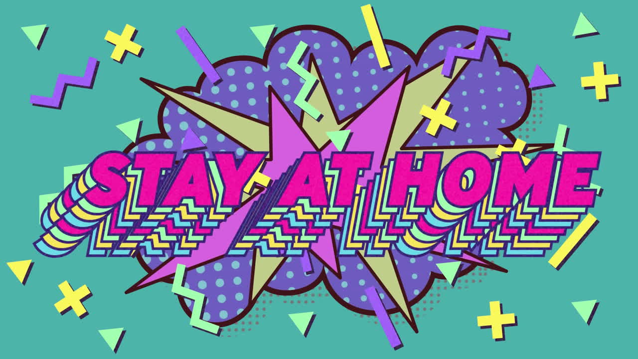 다채로운 단어의 애니메이션 만화 연설 거품을 통해 집에 머물