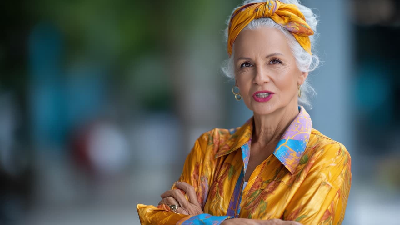 Anziana signora elegante che emana sicurezza e stile, con un abito vivace e un classico foulard, sfoggia grazia e portamento in un ambiente naturale.