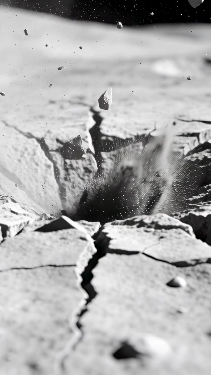 Video verticale: Voragine che erutta rocce e polvere su una lastra crepata, rivelando ciottoli.
