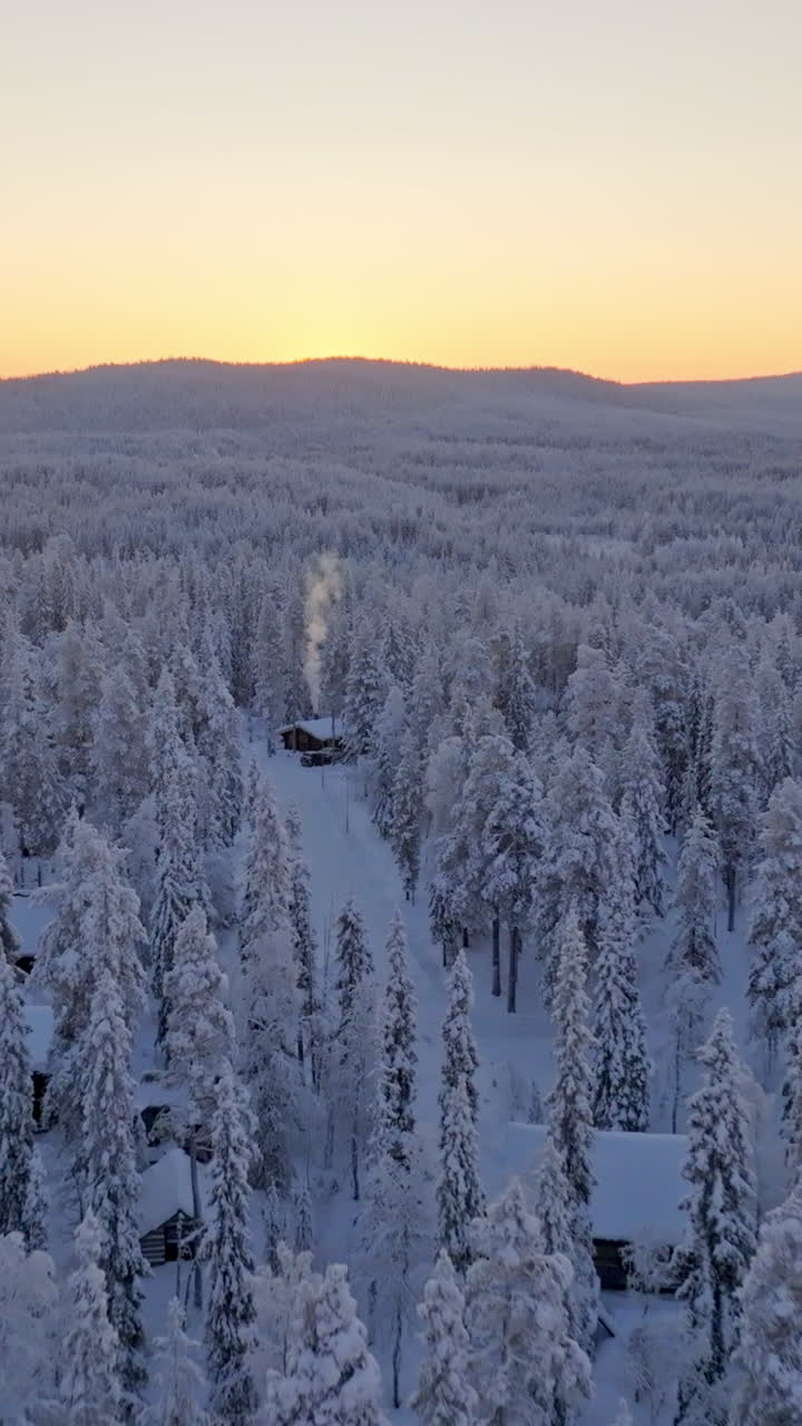 Aerial View of a Snowy Forest with Cabins at Sunset