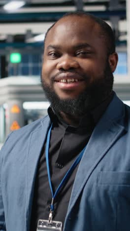 vertical video african american male engineer reviewing production line activity at facility