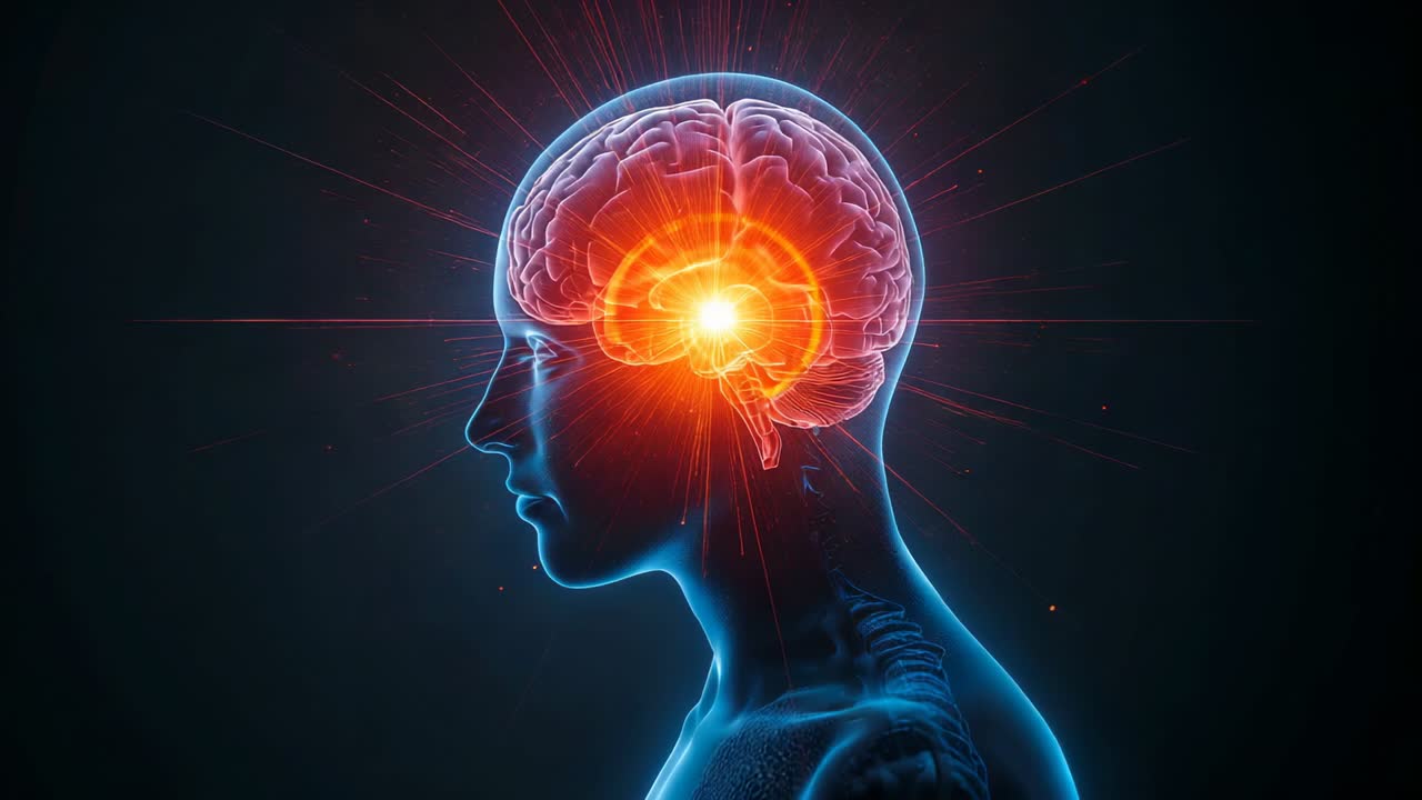 Intensifying core inside transparent head sending radial light spikes and simulating neural burst