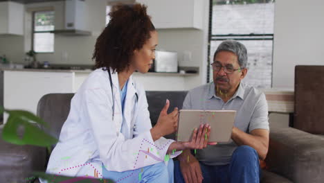 female doctor and male patient consulting in home living room, with animated medical chart overlay