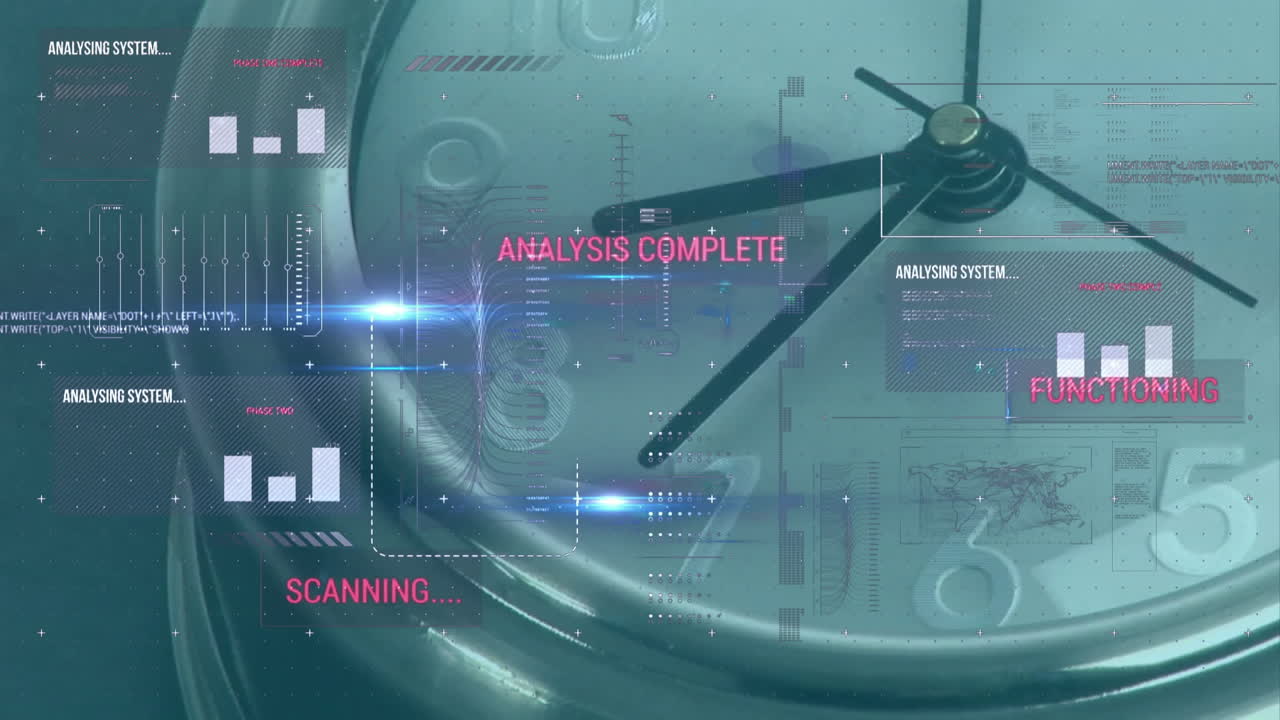 Digital animation overlay on clock face showing scanning and analysis complete