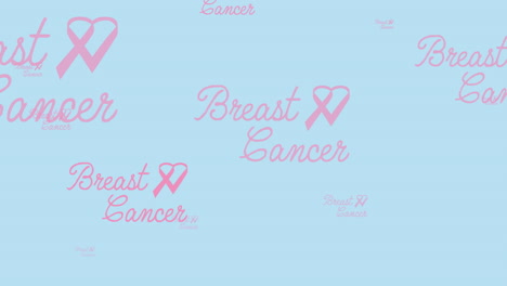 animation of multiple pink flying breast cancer text and pink ribbon on pink background