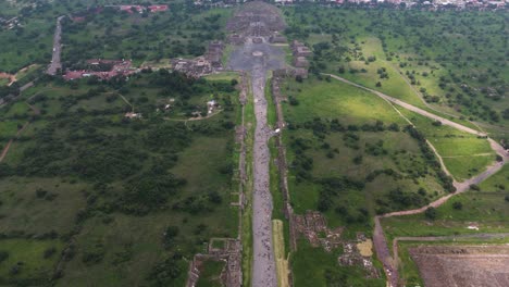 drone shot of avenue of the dead, linking the sun and moon pyramids in teotihuacan
