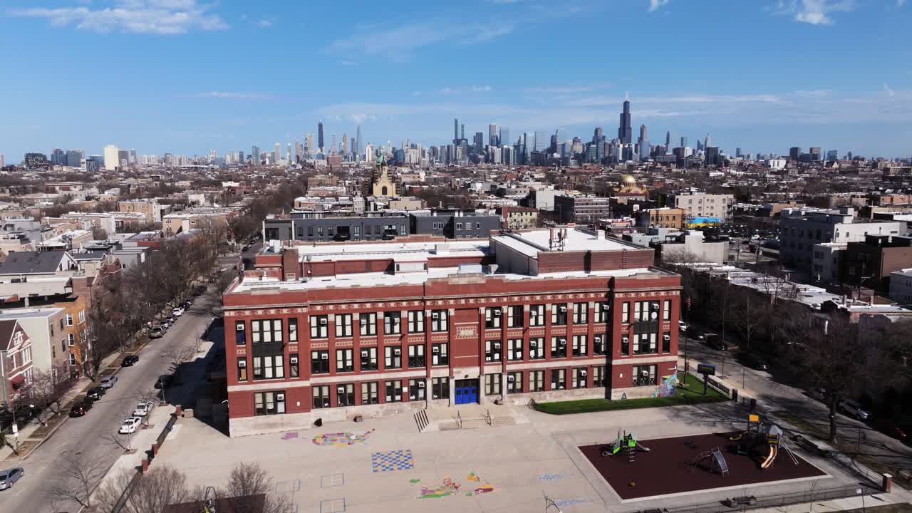 Scenic Aerial Establishing Shot Urban School in Downtown Chicago, Illinois