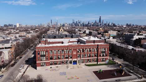 scenic aerial establishing shot urban school in downtown chicago, illinois