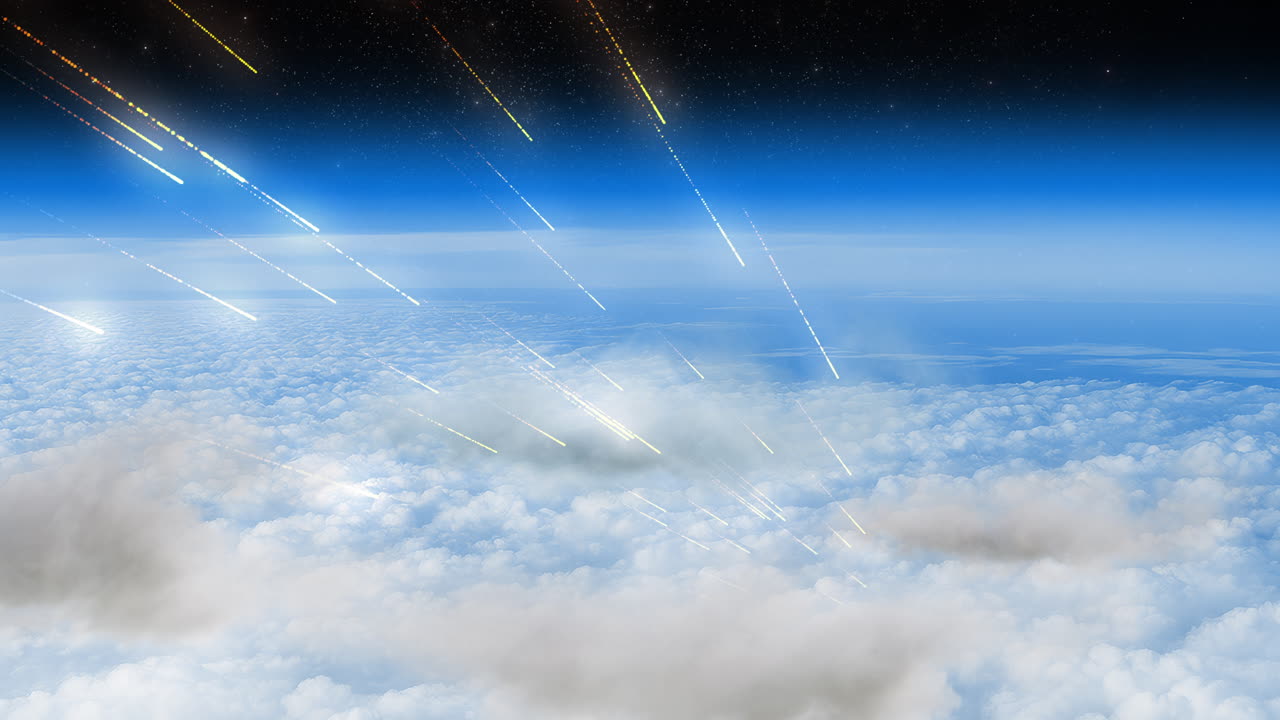 Dozens of glowing meteors streaking through the atmosphere