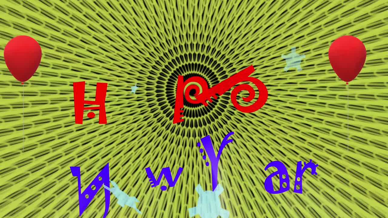 새해 텍스트 뒤에 회전하는 노란색 원 배경