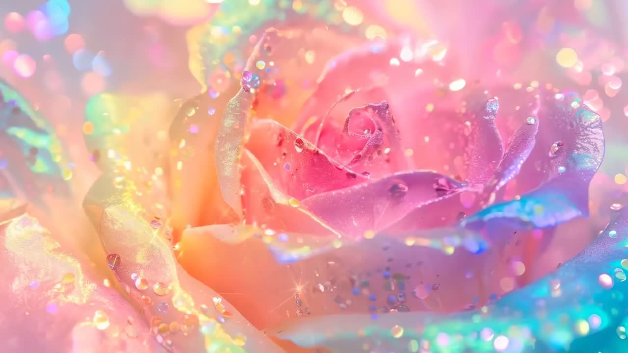 Close-up video of a rose with iridescent colors and water droplets, creating a dreamy, ethereal