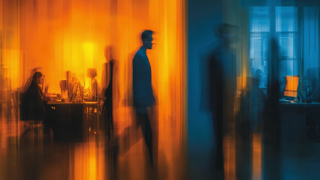 Dynamic Interplay of Light and Motion in an Office Setting: A Visual Exploration of Professional Life Through Color and Movement