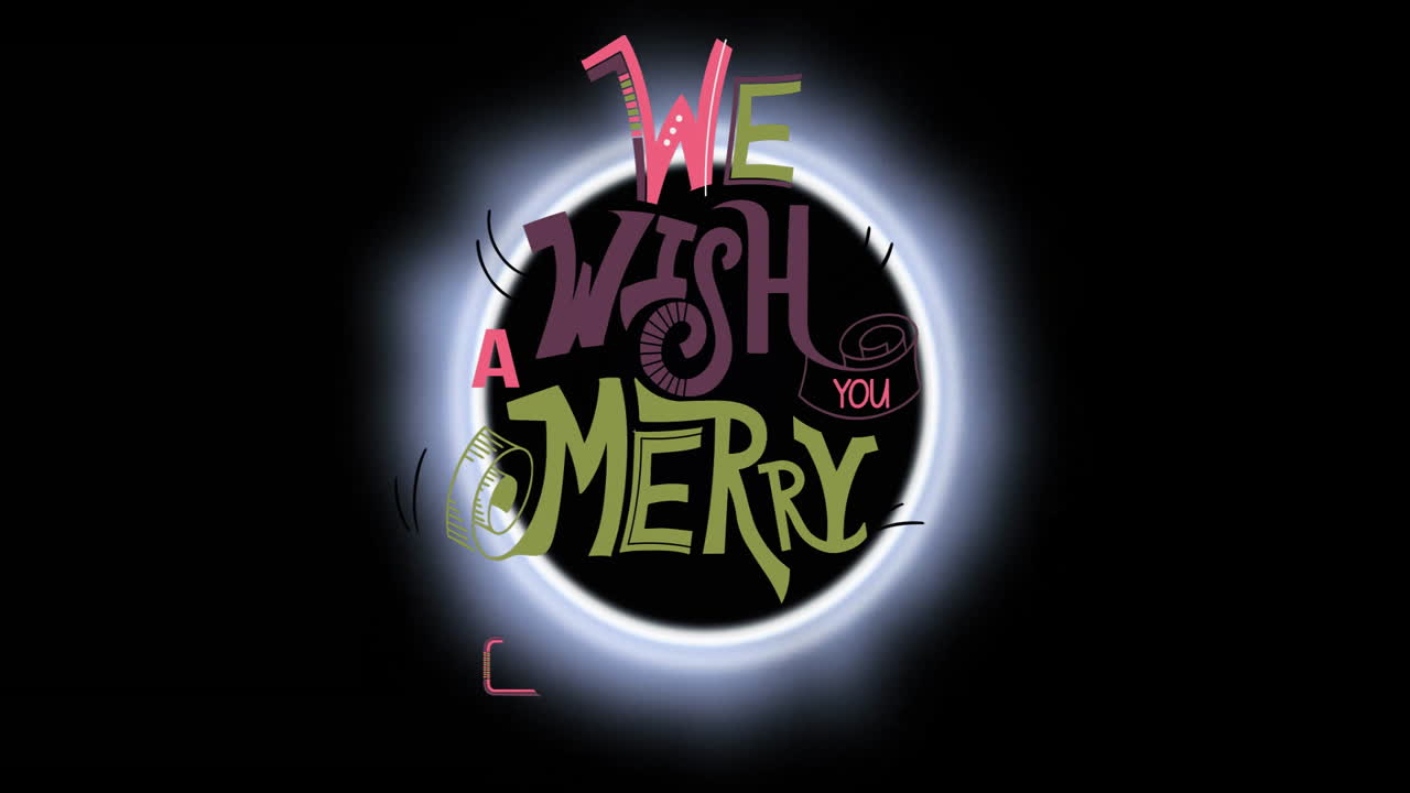 Colorful animation of We Wish You Merry text glowing in festive circle design