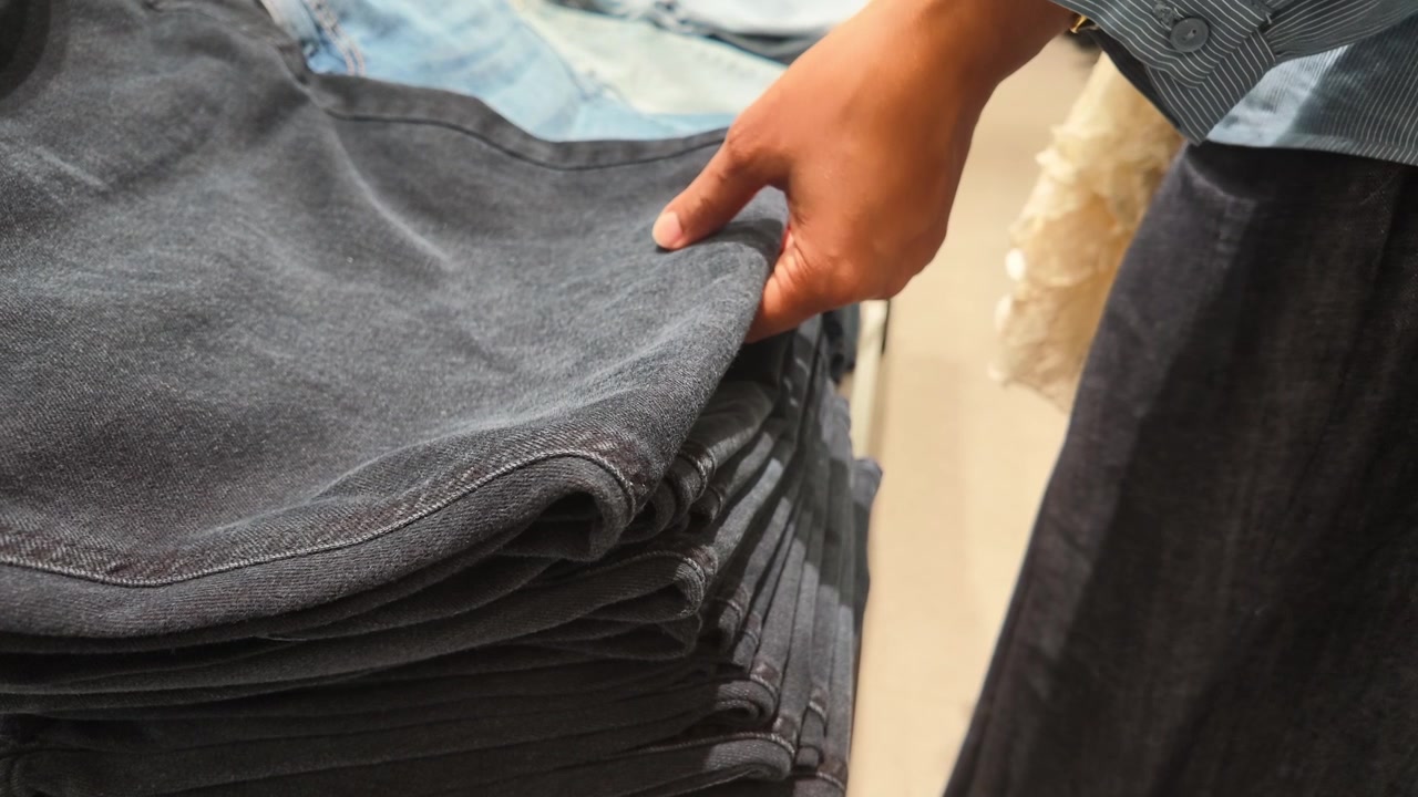 Customer Examining Stack of Denim Jeans in Clothing Store