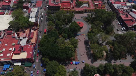 aerial drone view of coyoacan's main square, mexico city