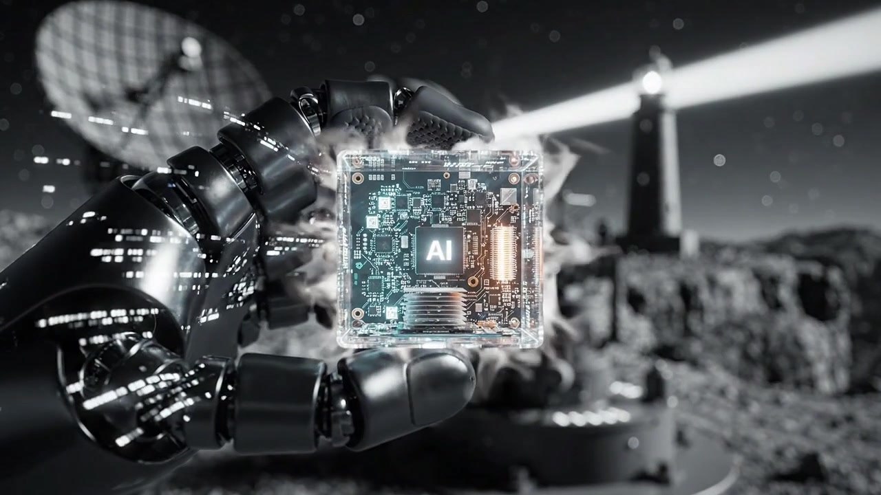 Futuristic Robotic Hand Holding Advanced AI Chip Against a Backdrop of Space and Communication Technology, Signifying Innovations in Artificial Intelligence and Robotics.