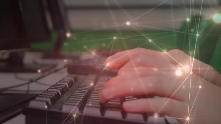 Animation of network of connections over caucasian male student using computer