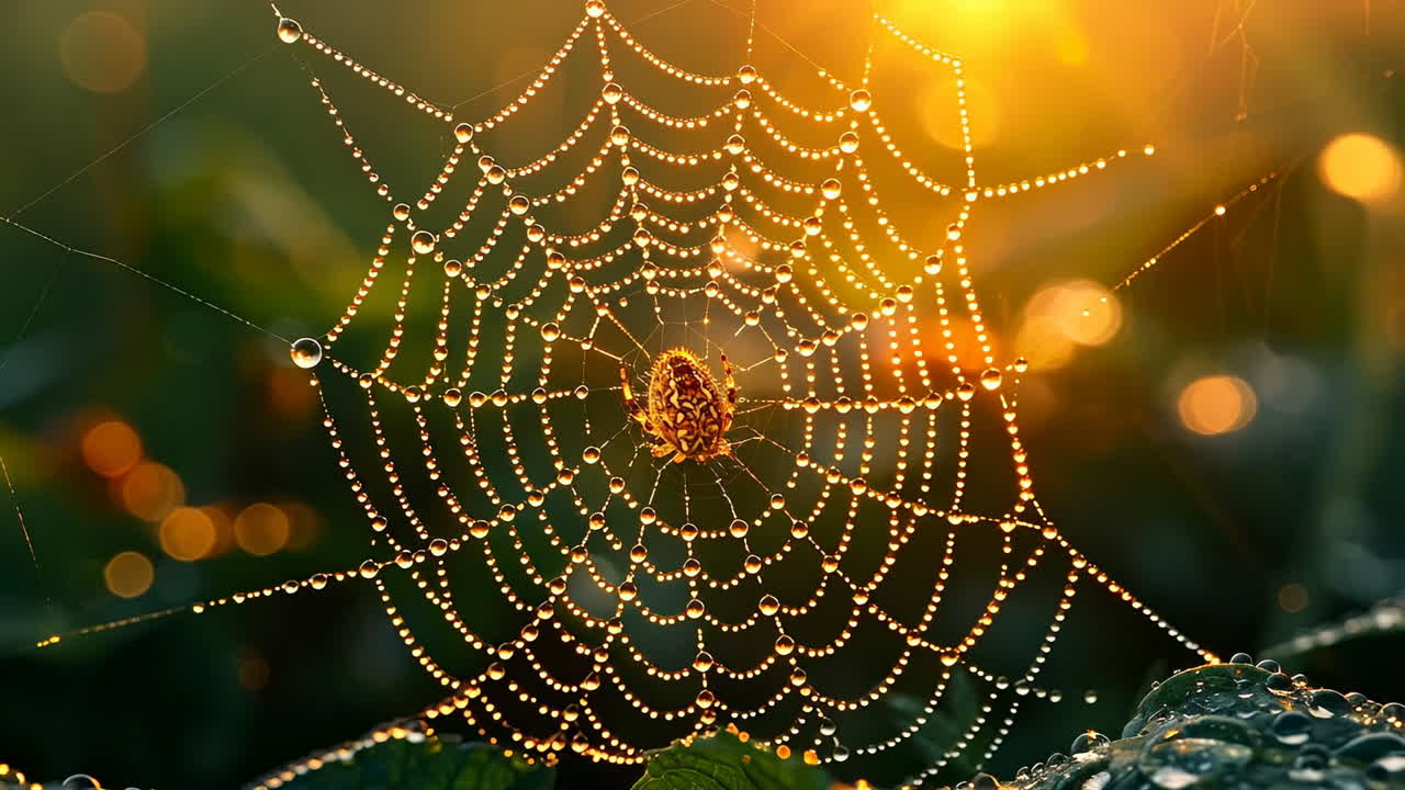 Glistening spider web at sunrise. Dew drops cover a spider web in a garden, sparkling in the soft light of early morning as the sun rises