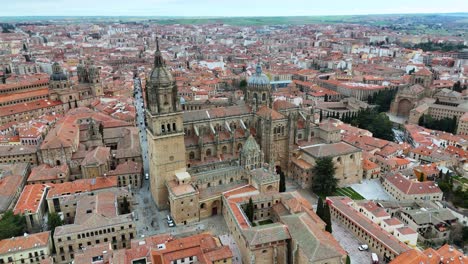 drone video of salamanca spain with new cathedral and buildings around it