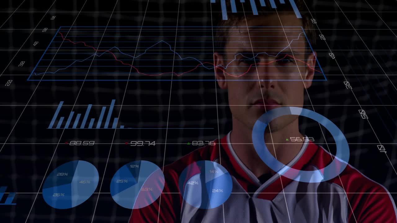 Camera panning upward, male athlete rising to chest shot, 3D grid and charts showing sports metrics