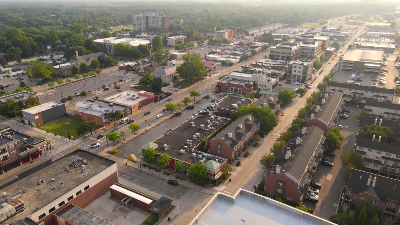 Dearborn Peace Park and downtown Dearborn in aerial view during golden hour sunlight