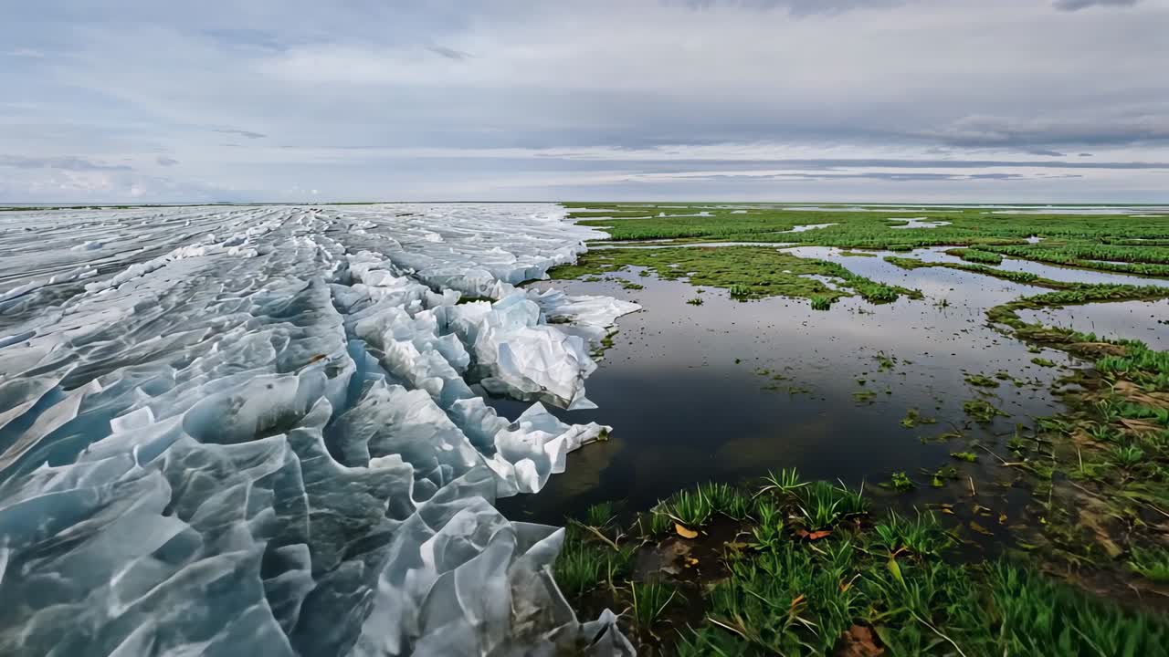 Cracking ice sheet retreating to reveal vegetation at wetland, with ice chunks, copy space