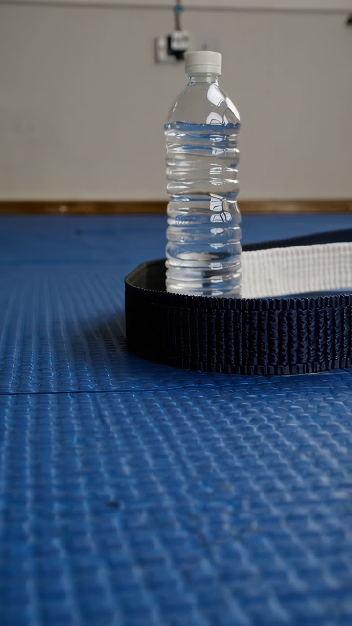 Water Bottle and Martial Arts Belt on Blue Mat