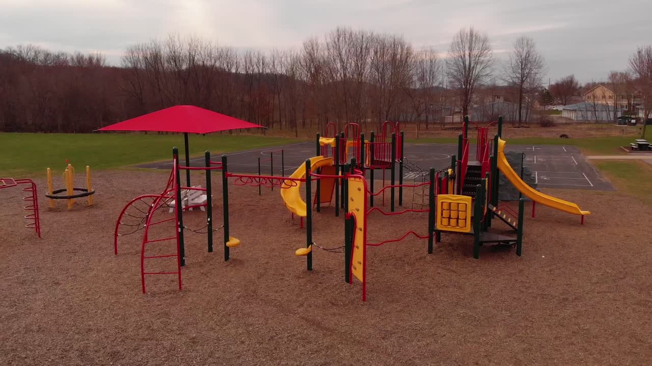 Aerial view of an empty playground after all the kids leave after school