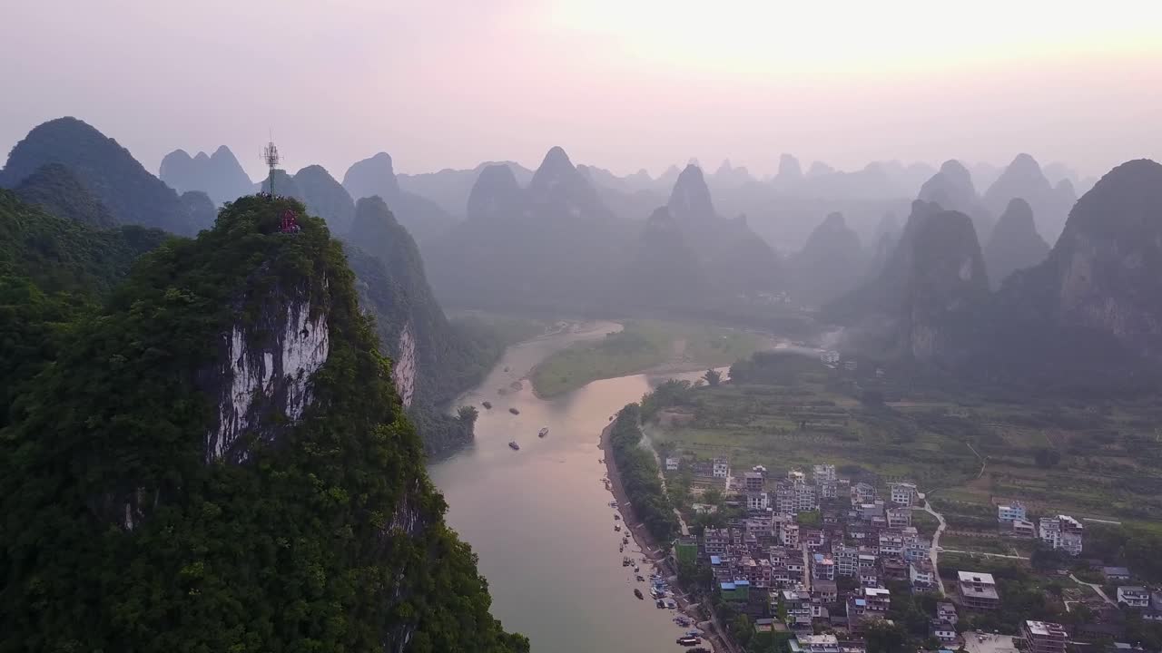 Aerial View of Li Jiang River and Karst Rock Formations Near Guilin City, China