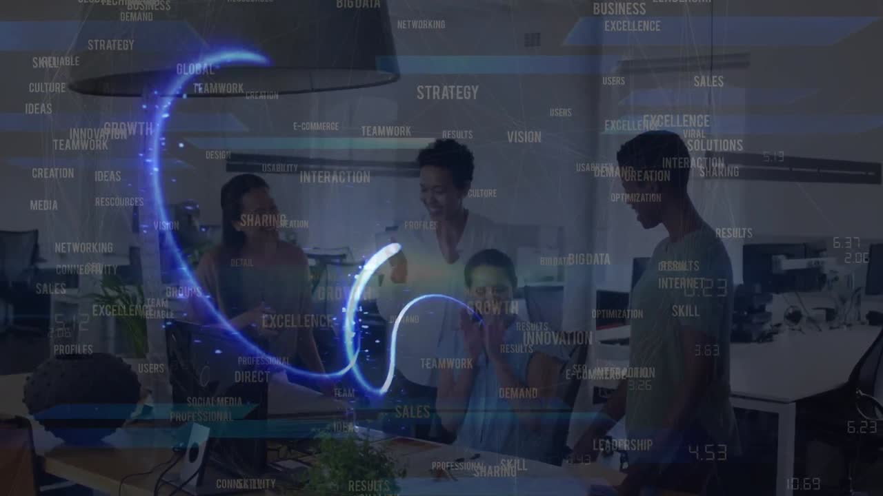 Animation of glowing light and data processing over diverse business people