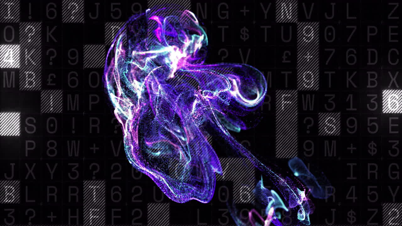 Animation of blue spots over data processing on black background