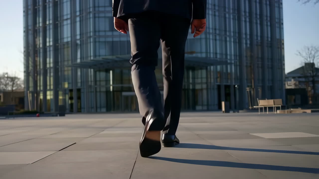 Businessman Walking Towards a Modern Glass Office Building