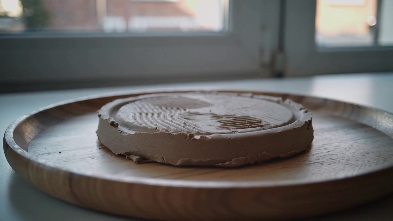 Telecamera in movimento che rivela un disco rotondo color crema con parte superiore scanalata su un tagliere di legno, per l'esposizione in cucina.